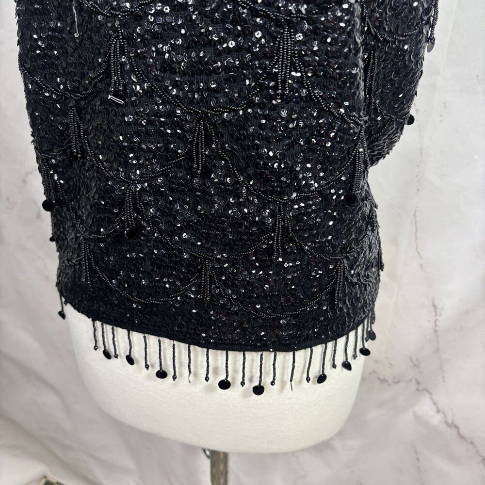 Vintage 60s Flapper Black Shiny Beaded Blouse Top Fringe Sequins Silk M Glam - Picture 2 of 16